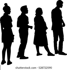 Full length of silhouette people standing in line against white background. Vector image