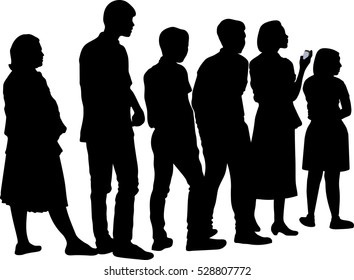 Full length of silhouette people standing in line against white background. Vector image