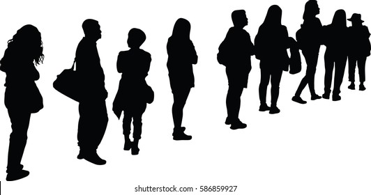 Full length of silhouette people standing in line against white background. Vector image