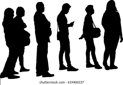 Full length of silhouette people standing in line against white background. Vector image