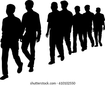 Full length of silhouette people walking in line against white background. Vector image