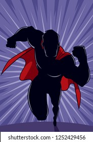 Full length silhouette of powerful and muscular superhero running fast during courageous mission, on abstract background and some copy space.