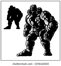 Full length silhouette of a powerful, muscular dark fantasy character in motion with no background. A huge giant, a stone golem with three heads and large arms looks up. Graphics, 2d illustration.