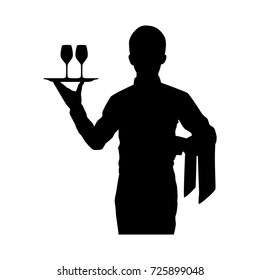 Full length of silhouette waiter with wine glass against white background. Vector image