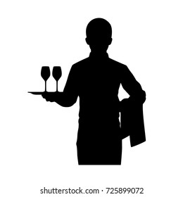 Full length of silhouette waiter with wine glass against white background. Vector image