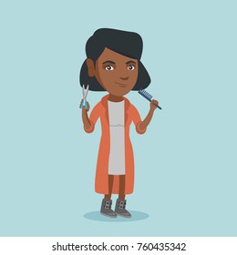 Full length of smiling african-american hairdresser holding a comb and scissors in hands. Young professional hairdresser ready to do a haircut. Vector cartoon illustration. Square layout.