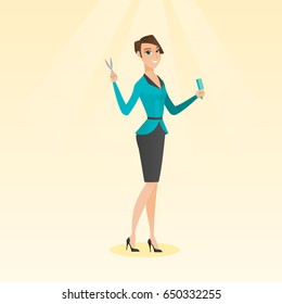 Full length of smiling caucasian hairdresser holding comb and scissors in hands. Young professional hairdresser ready to do a haircut. Vector flat design illustration. Square layout.