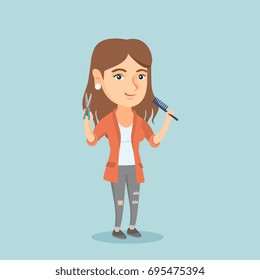 Full length of smiling caucasian hairdresser holding comb and scissors in hands. Young professional hairdresser ready to do a haircut. Vector cartoon illustration. Square layout.