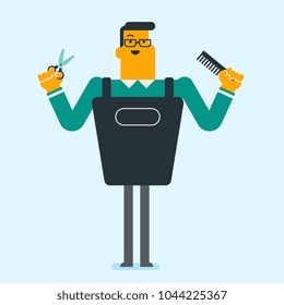 Full length of smiling caucasian white hairdresser holding a comb and scissors in hands. Young glad professional hairdresser ready to do a haircut. Vector cartoon illustration. Square layout.