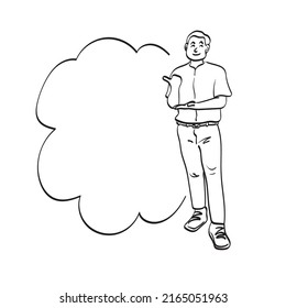 full length of smiling man using thumb to point to blank space illustration vector hand drawn isolated on white background line art.