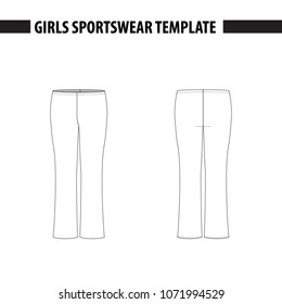 Girls’ / wemens’ full length sport straight pants. Vector template, mockup for sample demonstration. Kids sports pants for fitness, gymnastics, acrobatics, dance. Vector illustration in outlines.