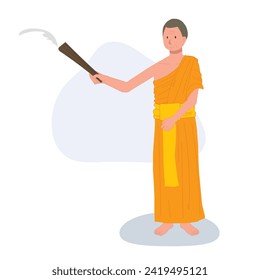 Full length standing Thai monk sprinkle the holy water.