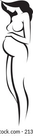 Dibujo estilizado de largo completo de una joven embarazada. Silhouette de una hermosa mujer esperando un bebé de perfil en un fondo blanco. Ilustración vectorial.