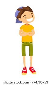 Full length of teenage caucasian white smiling boy in casual clothes and baseball cap standing and posing. The concept of childhood. Vector cartoon illustration isolated on white background.