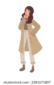 Full length of thinking woman, curious , wonder, making decision. Flat vector cartoon illustration