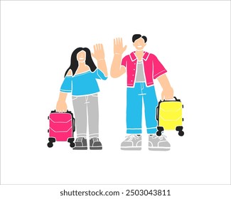 Full length two traveler tourist woman man couple in shirt holding suitcase waving hand say hello