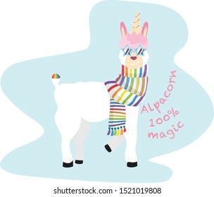 Full length unicorn llama on a blue background. With a rainbow scarf and star-shaped glasses