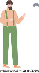 Full length vector illustration of a bearded man in suspenders gesturing with his hand, isolated on a white background for presentation and communication concepts