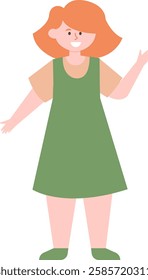 Full length vector illustration featuring a young woman with vibrant red hair, wearing a cheerful green apron, smiling and waving happily with her hand raised in a friendly greeting