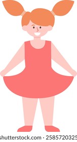 Full length vector illustration featuring a cheerful red haired girl in a sleeveless dress, joyfully playing with her outfit against a clean white background