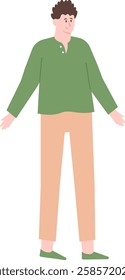Full length vector illustration of a friendly young man standing with open arms, wearing a green long sleeved shirt and beige pants, conveying a welcoming and approachable attitude
