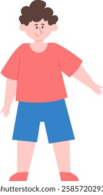 Full length vector illustration of a smiling young boy with open arms, dressed in a salmon t shirt, blue shorts, and salmon socks, exuding a friendly and welcoming vibe