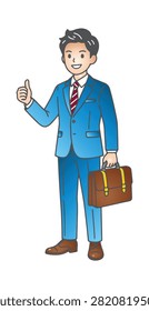 Full length vector illustration of a smiling young businessman standing in a formal blue suit and striped tie, holding a brown briefcase and giving a thumbs up sign, isolated on a white background.