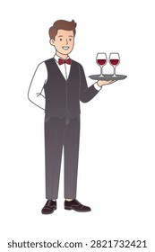 Full length vector illustration of a smiling male waiter or bartender wearing a formal vest and red bow tie, holding a serving tray with two glasses of red wine, isolated on a white background.