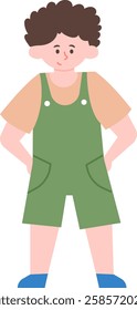 Full length vector illustration of a young boy standing with his hands on his hips, wearing green overalls and a short sleeved t shirt, conveying a sense of confidence and childhood energy