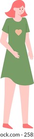 Full length vector illustration of a young woman with pink hair and a green dress with a heart, standing and smiling, representing concepts of youth, fashion, and positive emotions