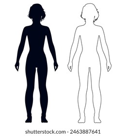 Vista de longitud completa de un corte de pelo delgado de pie silueta de chica desnuda, aislado sobre fondo blanco. Ilustración vectorial. 