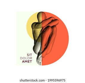 Full length view of sad stressed man sitting with hands on knees. Time for reflection. Man thinks about a problem. Despair, depression, hopelessness or addiction concept. 3D vector illustration.