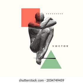 Full length view of sad stressed man sitting with hands on knees. Time for reflection. Man thinks about a problem. Despair, depression, hopelessness or addiction concept. 3D vector illustration.