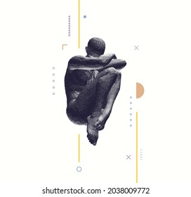 Full length view of sad stressed man sitting with hands on knees. Time for reflection. Man thinks about a problem. Despair, depression, hopelessness or addiction concept. 3D vector illustration.