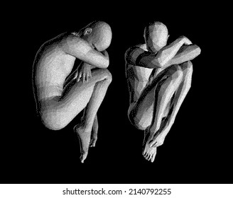 Vista completa de un hombre triste y estresado sentado con las manos en las rodillas. Tiempo de reflexión. El hombre piensa en un problema. Desesperanza, depresión, desesperanza o concepto de adicción. Ilustración vectorial 3D.