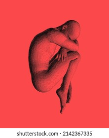 Full length view of sad stressed man sitting with hands on knees. Time for reflection. Man thinks about a problem. Despair, depression, hopelessness or addiction concept. 3D vector illustration.