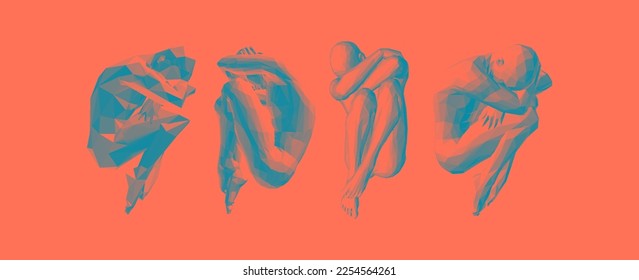 Full length view of sad stressed man sitting with hands on knees. Time for reflection. Man thinks about a problem. Despair, depression, hopelessness or addiction concept. 3D vector illustration.