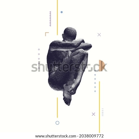 Full length view of sad stressed man sitting with hands on knees. Time for reflection. Man thinks about a problem. Despair, depression, hopelessness or addiction concept. 3D vector illustration.