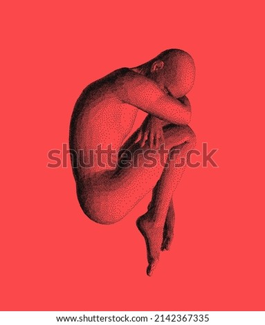 Full length view of sad stressed man sitting with hands on knees. Time for reflection. Man thinks about a problem. Despair, depression, hopelessness or addiction concept. 3D vector illustration.
