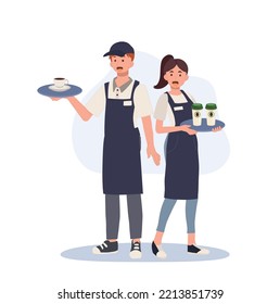 Full length of Waiter and waitress holding a tray with coffee. Vector illustration.