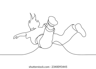 full length woman flying down in free flight mode without parachute, her hair fluttering - one line drawing vector. the concept of flying in a dream, falling, imagining yourself a bird