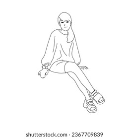 full length of woman with long hair sitting illustration vector hand drawn isolated on white background