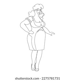 Full length woman on a white background in one line style. Curvy girl in a dress and heels with hand on waist.