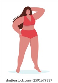 Full length woman in a plus size swimsuit. Beautiful happy girl on the beach in summer. Vector flat graphics.