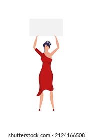 Full length woman protesting with a banner. Isolated. Flat style. Vector.