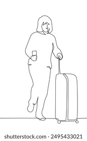 full length woman rolling suitcase with wheels and holding ticket in hand - one line art vector. concept woman tourist leaving or arriving. Handmade vector not AI