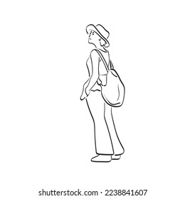 full length of woman standing with backpack illustration vector hand drawn isolated on white background line art.