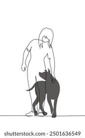 full length woman stroking a dog - one line art vector. concept dog lover, owner and pet on a walk. Handmade vector not AI