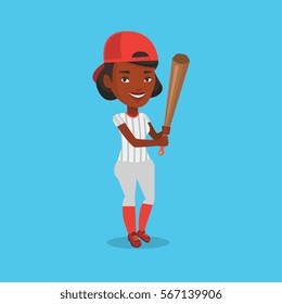 Full length of young african-american baseball player in uniform. Professional baseball player standing with a bat. Cheerful baseball player in action. Vector flat design illustration. Square layout.