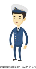 Full Length Of Young Asian Ship Captain. Full-body Portrait Of Smiling Ship Captain In Uniform. Vector Flat Design Illustration Isolated On White Background.